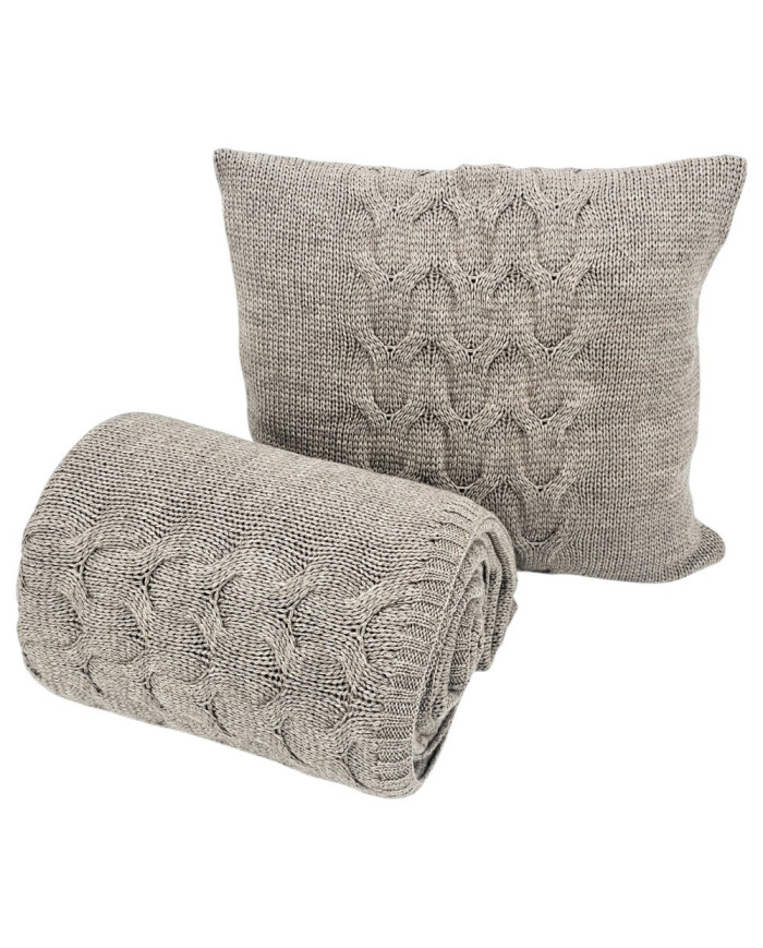 Komplet Koc i poduszka dzianinowa z wełną – SET AREZZO TAUPE