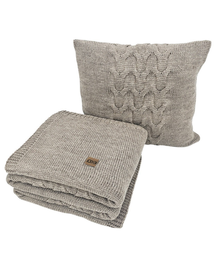 Komplet Koc i poduszka dzianinowa z wełną – SET AREZZO TAUPE