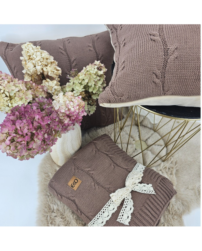 Blanket and pillow set - cotton with cashmere - SET ROMA CHOCOLATE