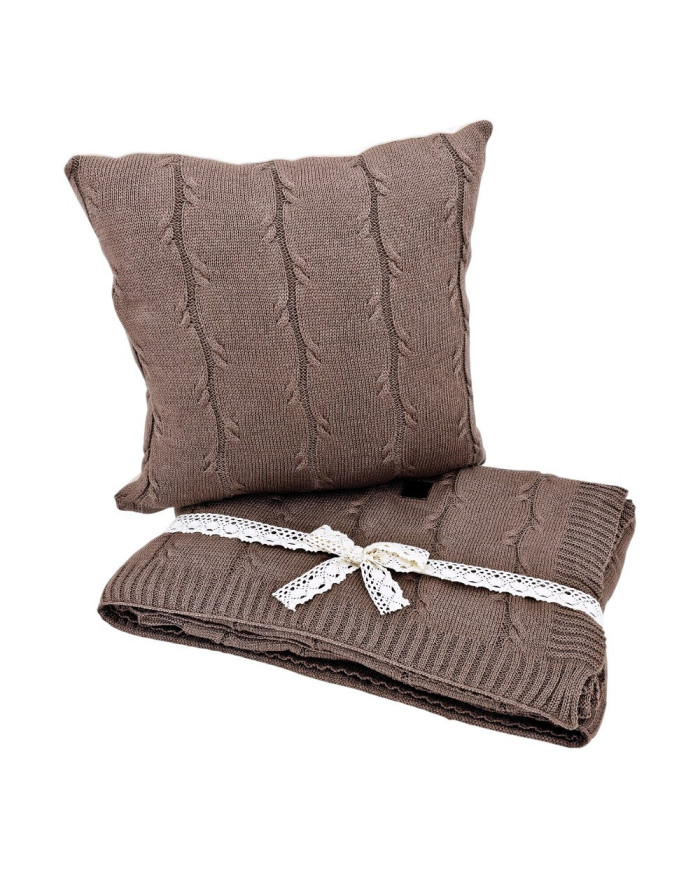 Blanket and pillow set - cotton with cashmere - SET ROMA CHOCOLATE