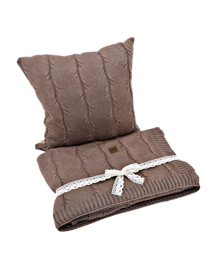 Komplet koc i poduszka – bawełna z dodatkiem kaszmiru - SET ROMA CHOCOLATE
